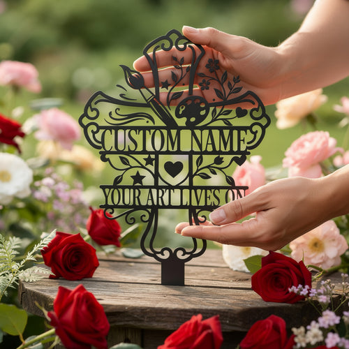 Memorial cross garden stake with paintbrushes and palette in black steel