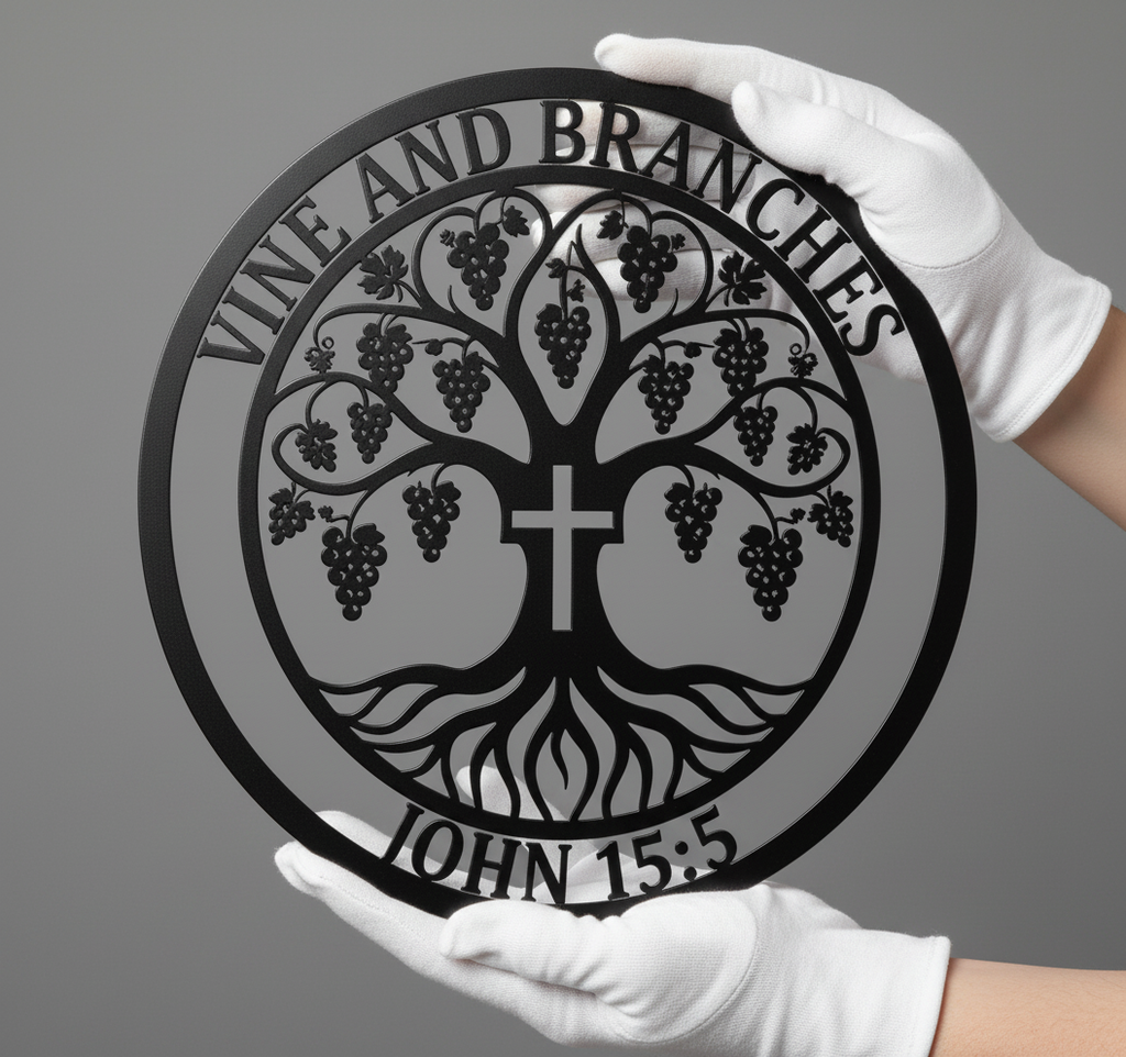 Round I am the vine John 15:5 metal sign with cross and tree in black steel – image 9