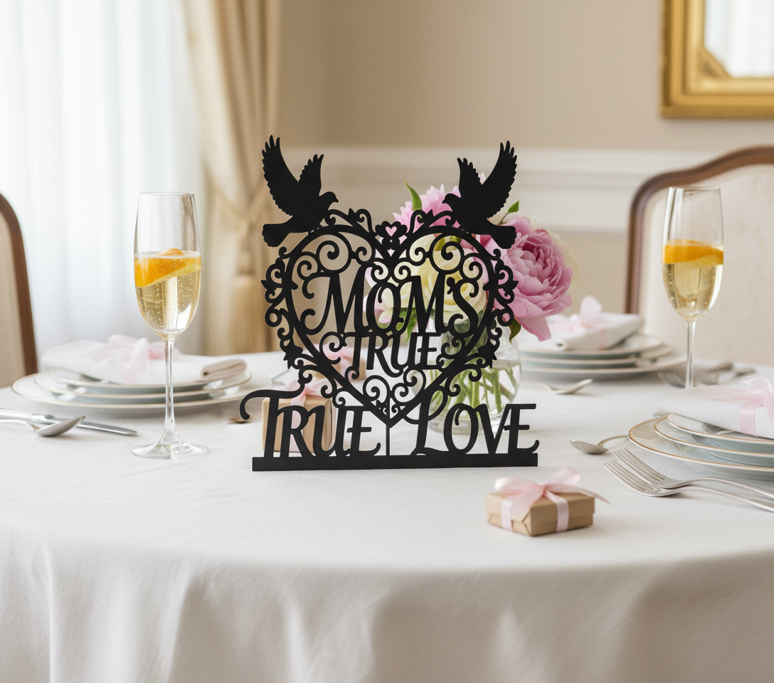 Metallschild Mom’s True Love mit Herz und zwei Tauben aus schwarzem Stahl – Bild 8