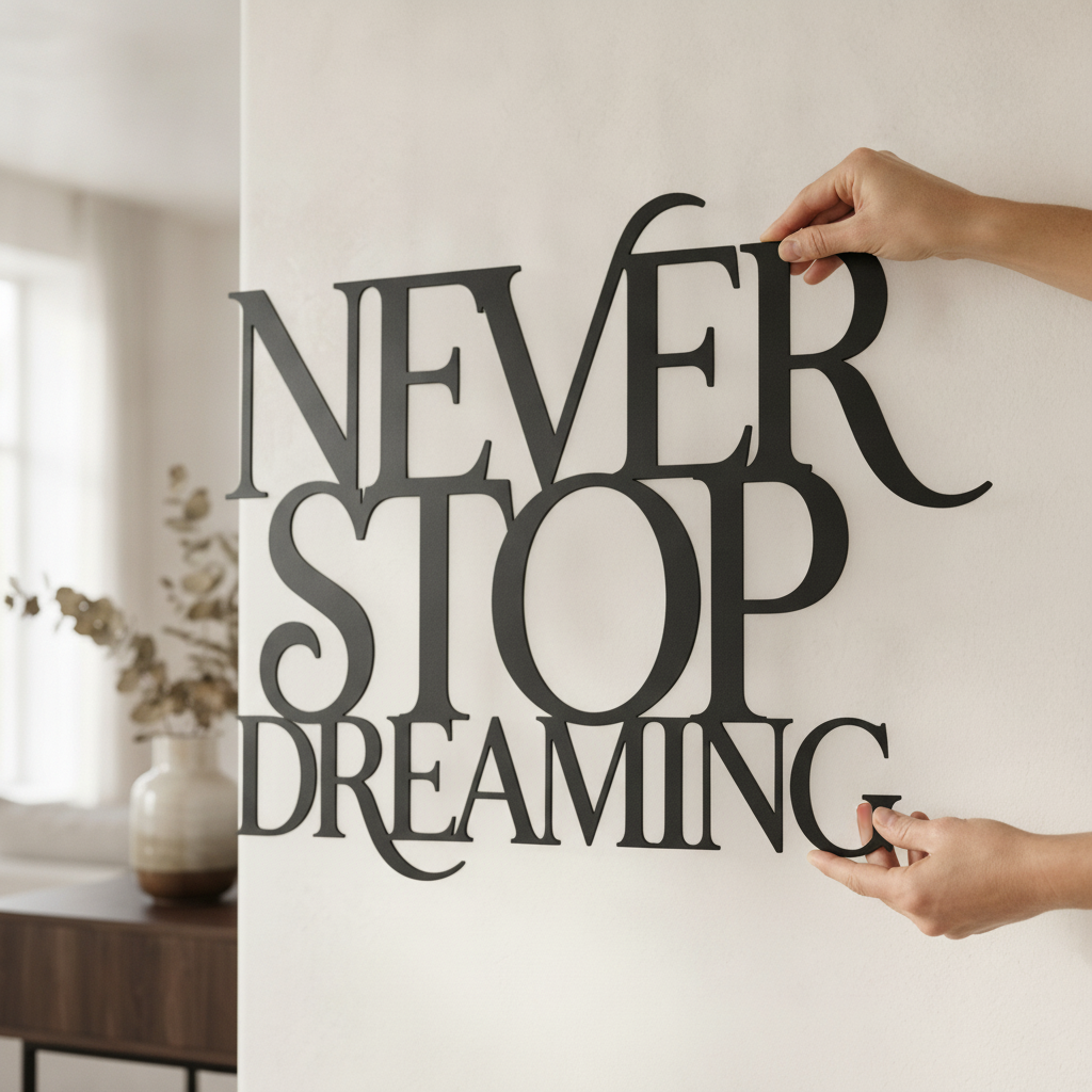 Metallschild mit Spruch Never Stop Dreaming als Wanddeko aus schwarzem Stahl – Bild 2