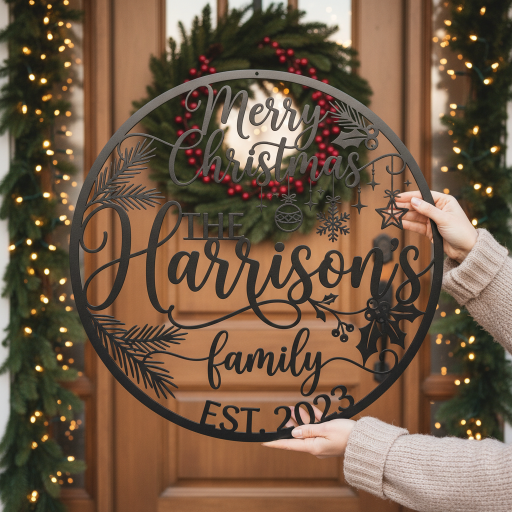 Personalisiertes Familienschild Merry Christmas mit Familienname aus schwarzem Stahl – Bild 8