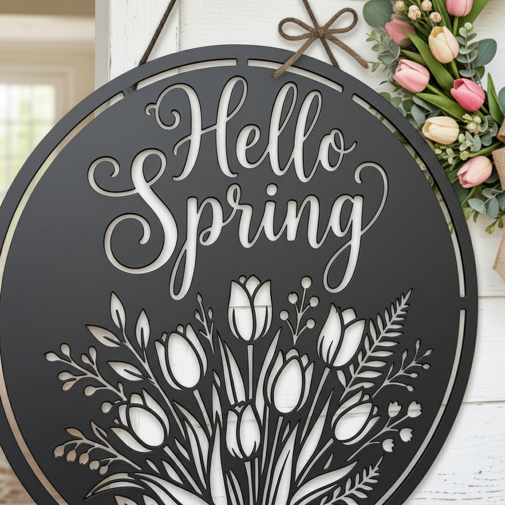 Rundes Metallschild Hello Spring mit Tulpenstrauß aus schwarzem Stahl – Bild 6