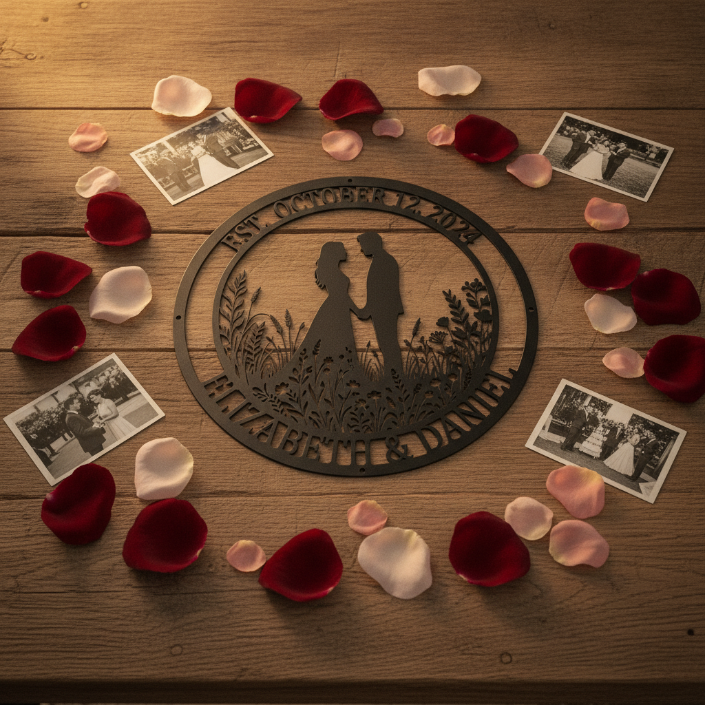 Personalized wedding metal sign with couple names and wedding date in black steel – image 3