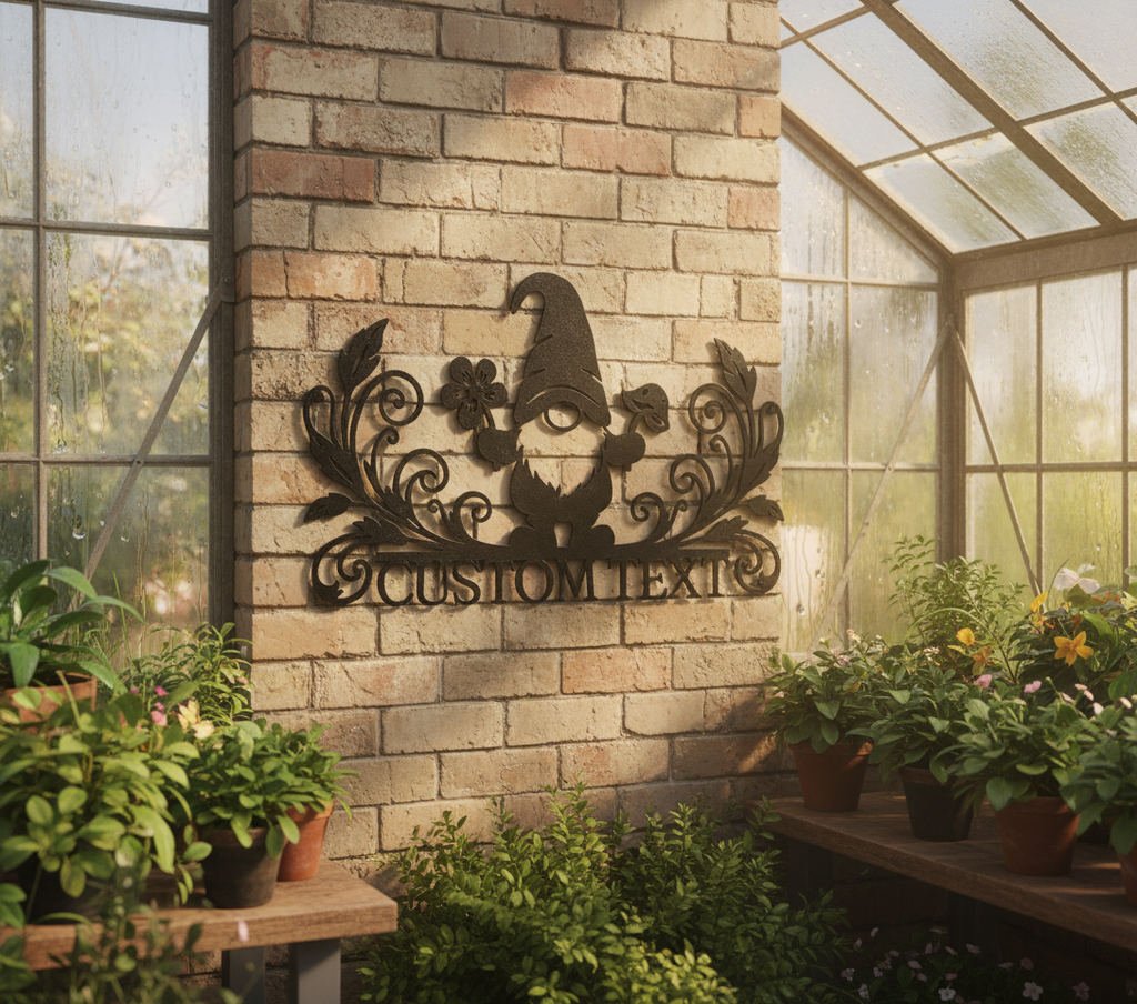 Personalized garden gnome metal sign with flowers, mushroom and name in black steel – image 7