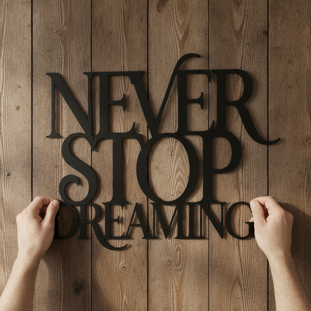 Metallschild mit Spruch Never Stop Dreaming als Wanddeko aus schwarzem Stahl – Bild 6