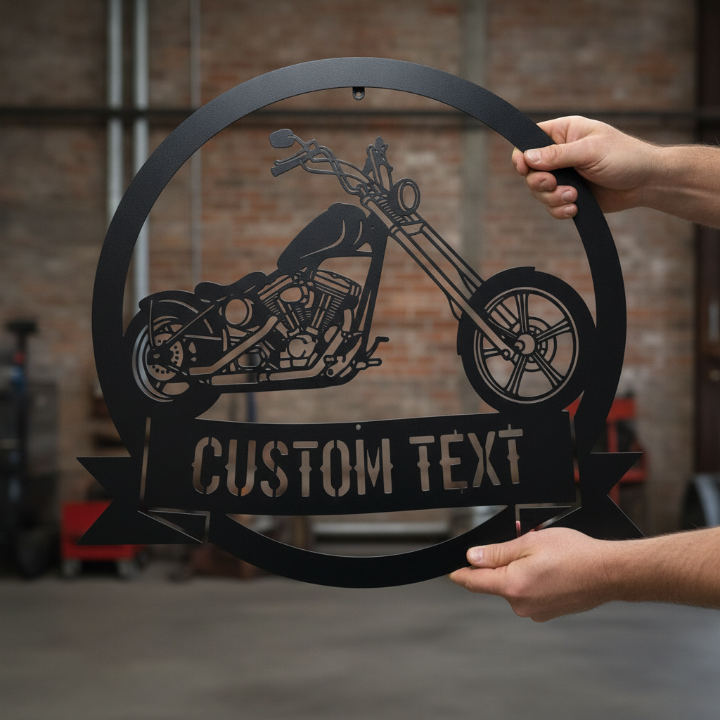 Personalized chopper motorcycle garage sign with name in black steel – image 8