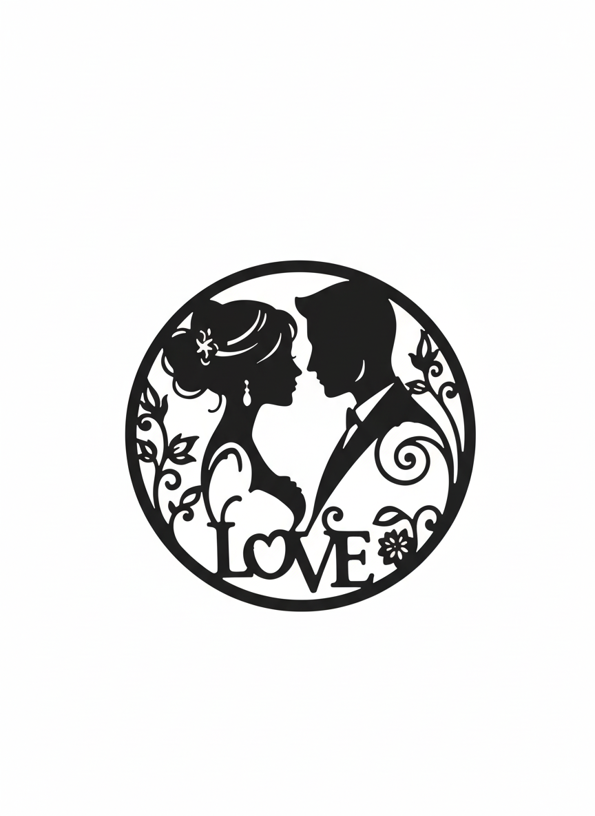 Round bride and groom silhouette metal wall art in black steel – image 7