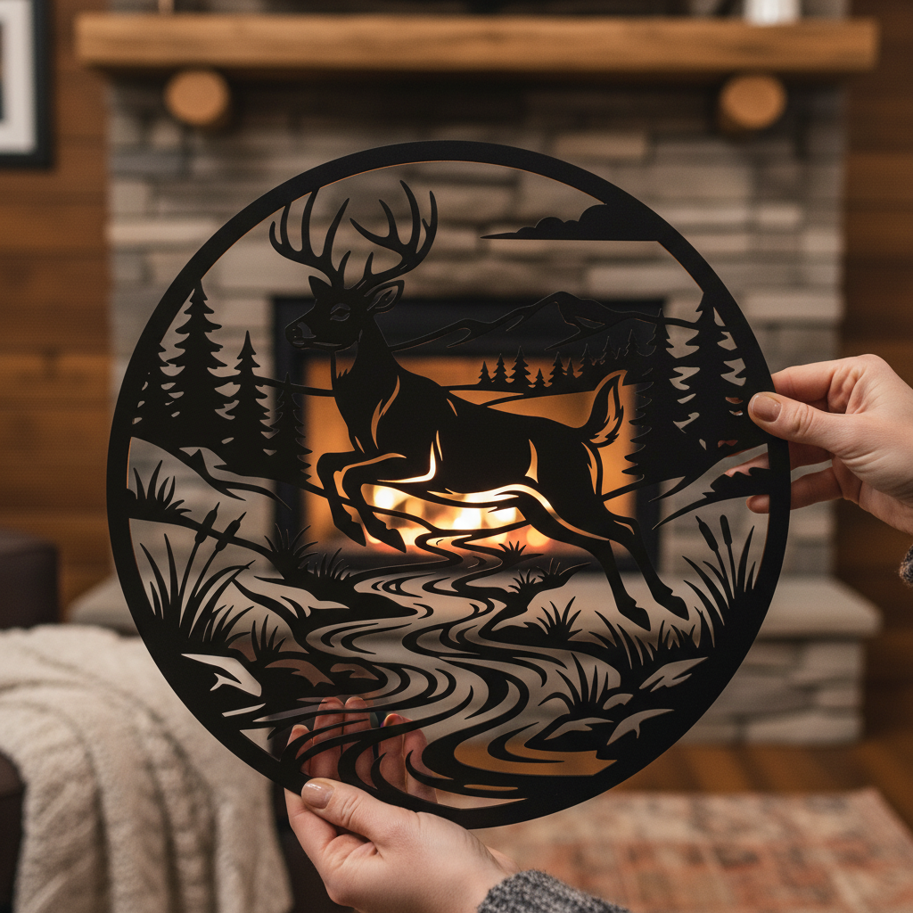 Round metal sign with deer leaping over a river, mountains and forest in black steel – image 3