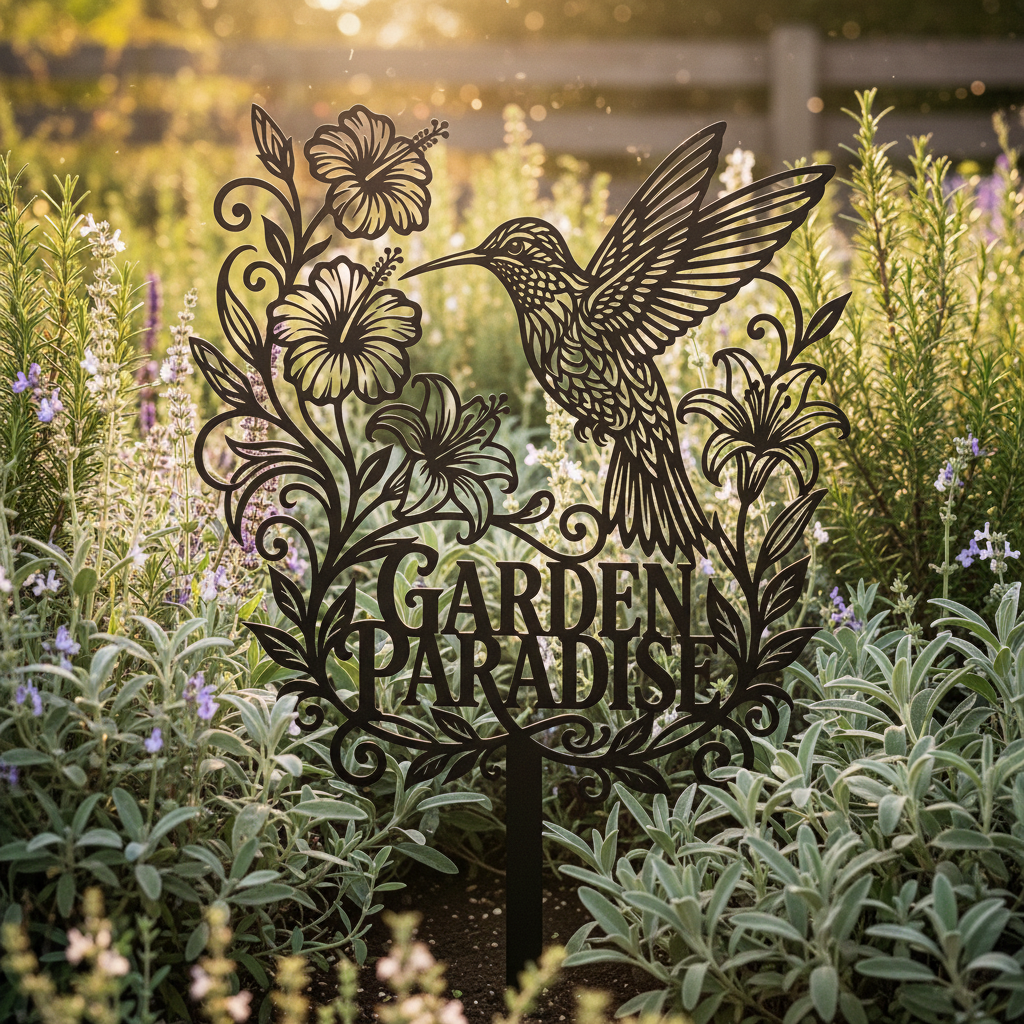 Kolibri Gartenparadies mit Hibiskus und Lilien Gartenstecker – Bild 7