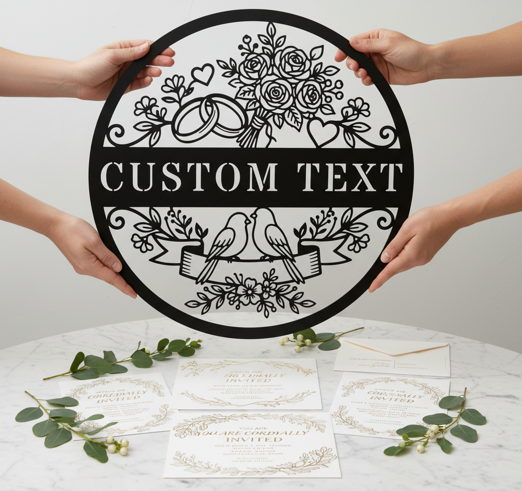 Personalisiertes rundes Hochzeitsschild mit Turteltauben, Ringen und Brautstrauß aus Stahl – Bild 6