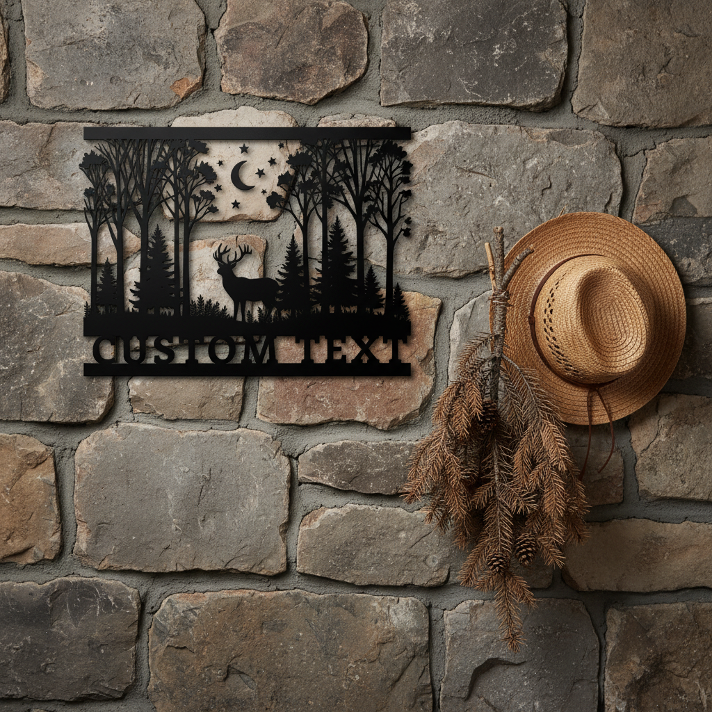 Personalized deer in night forest metal sign with crescent moon in black steel – image 8