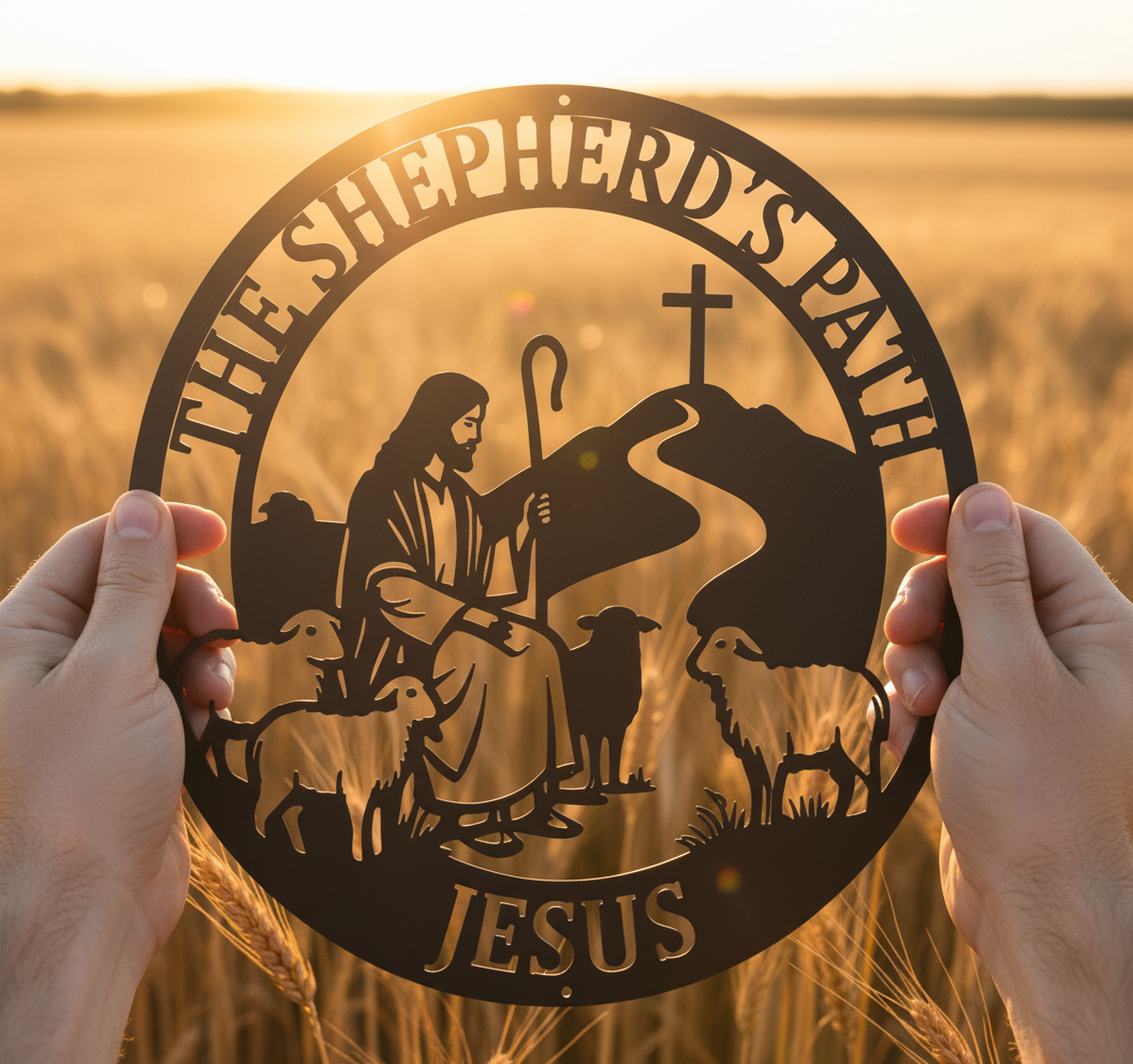 Jesus der gute Hirte mit Lämmern und Kreuz Metallschild rund – Bild 4