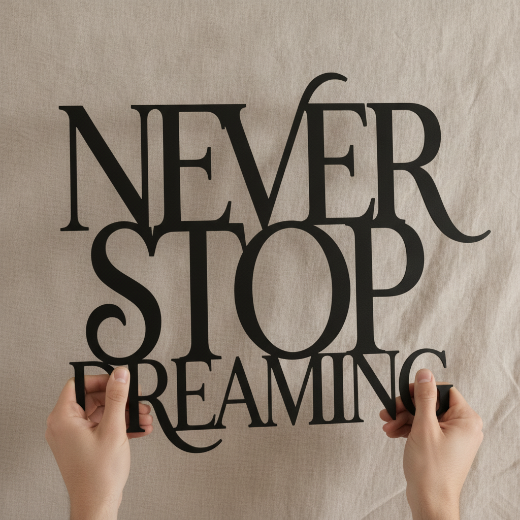 Metallschild mit Spruch Never Stop Dreaming als Wanddeko aus schwarzem Stahl – Bild 9
