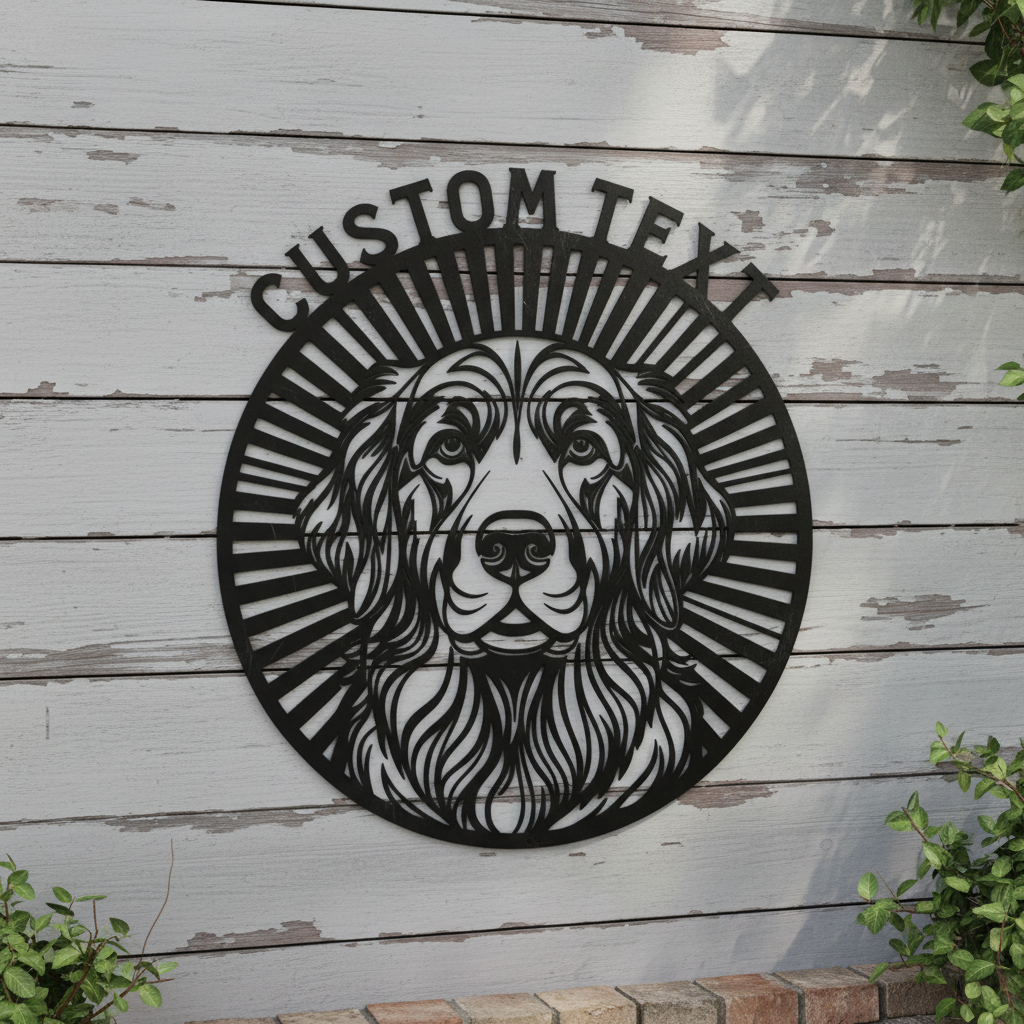 Personalized round golden retriever portrait metal sign with dog name in black steel – image 4