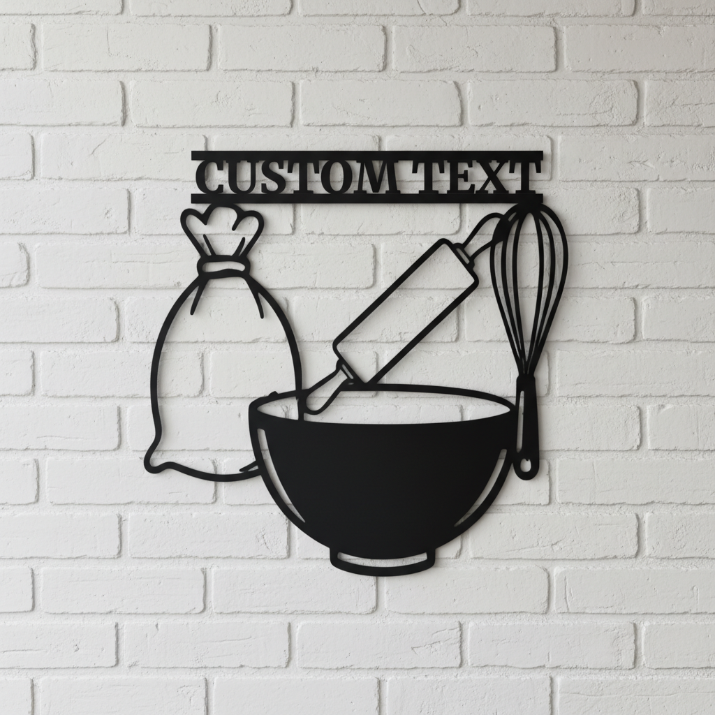 Personalisiertes Backstubenschild mit Rührschüssel und Mehlsack aus schwarzem Stahl – Bild 6