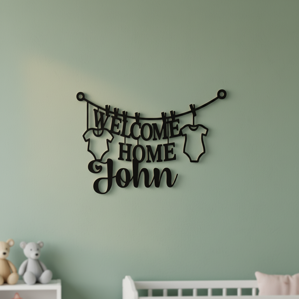 Personalized Welcome Home Baby metal sign with clothesline, name and birth details