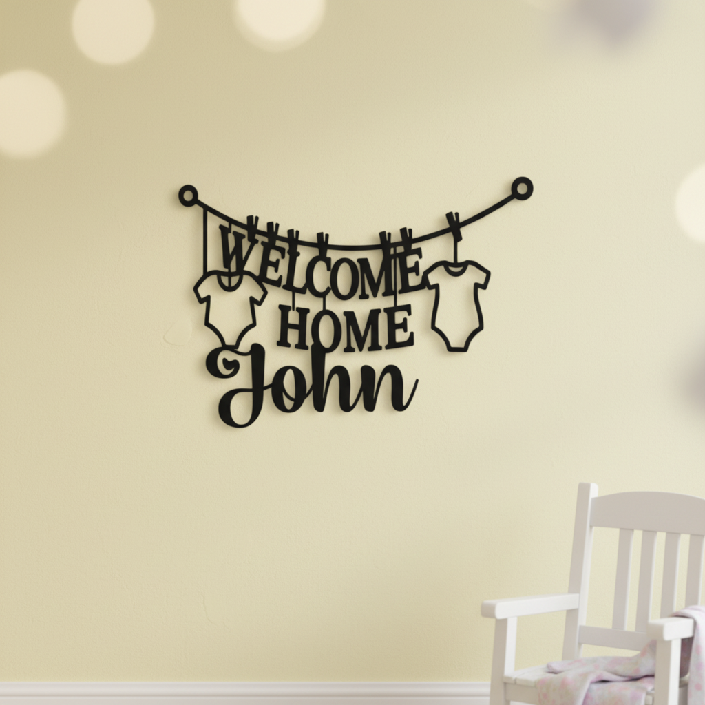 Personalisiertes Babyschild Welcome Home Baby mit Wäscheleine, Namen und Geburtsdaten – Bild 4