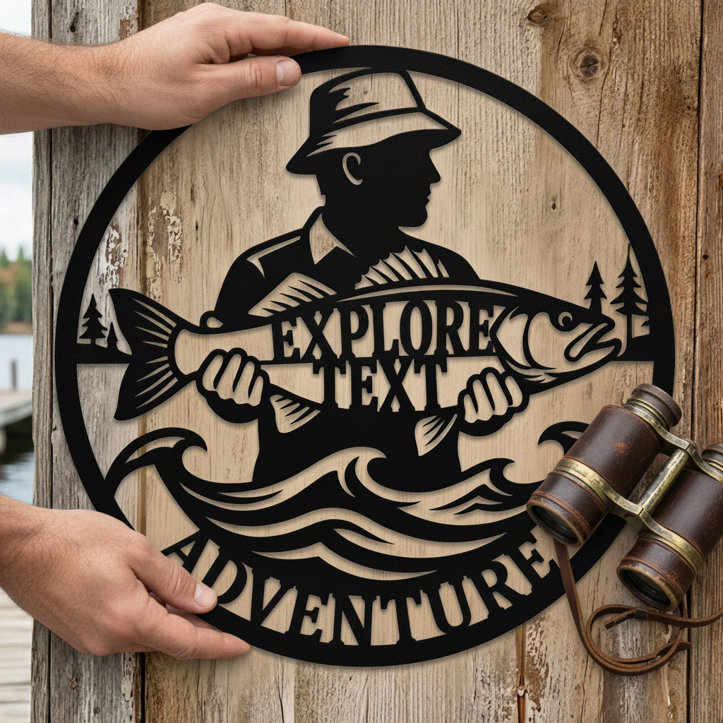 Personalisiertes Angler Metallschild mit Angelmotiv und Namen aus schwarzem Stahl – Bild 10