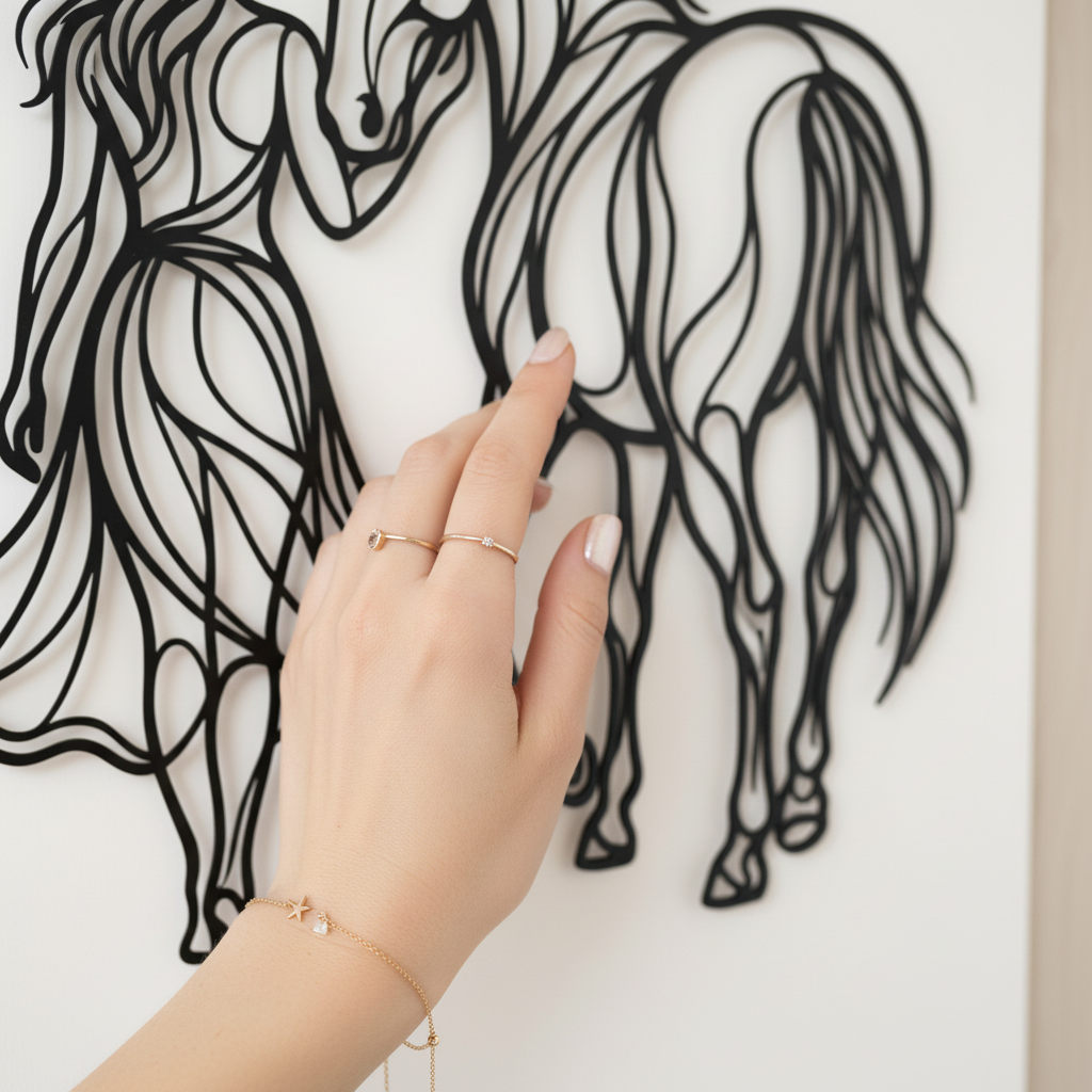 Frau mit Pferd als elegante Silhouette, Wanddeko aus schwarzem Stahl – Bild 8