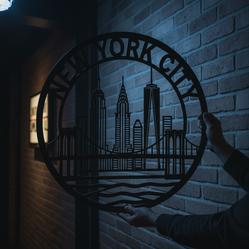 Round New York City skyline metal sign with Manhattan silhouette in black steel – image 10