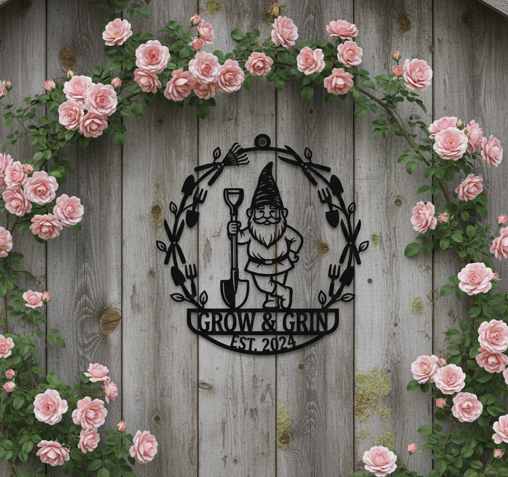 Personalisiertes Gartenschild mit Gartenzwerg und Schaufel im Blätterkranz aus schwarzem Stahl – Bild 10