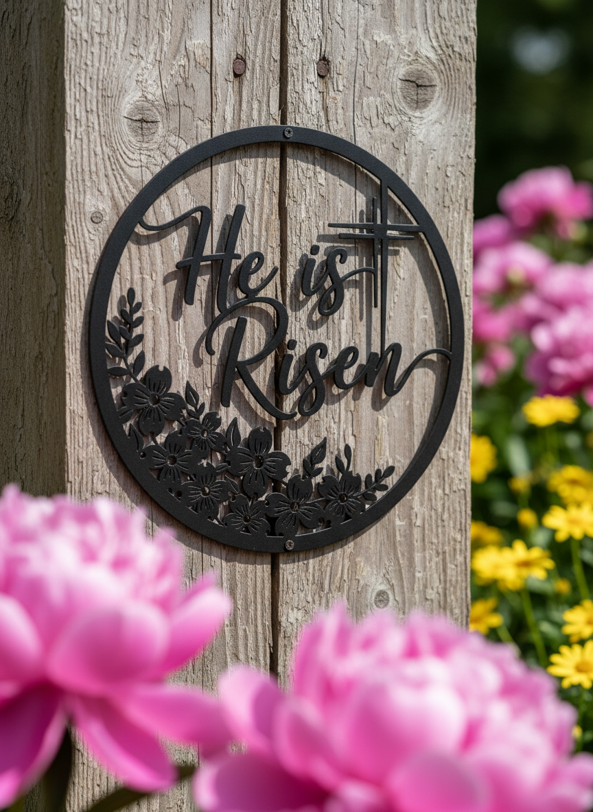 Personalized He Is Risen Easter metal sign in black steel – image 2