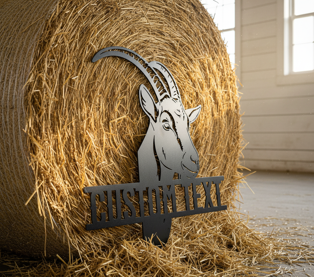 Personalized goat head metal sign with name for the goat barn in black steel – image 4