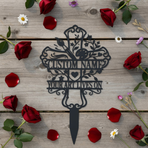 Memorial cross garden stake with paintbrushes and palette in black steel – image 2