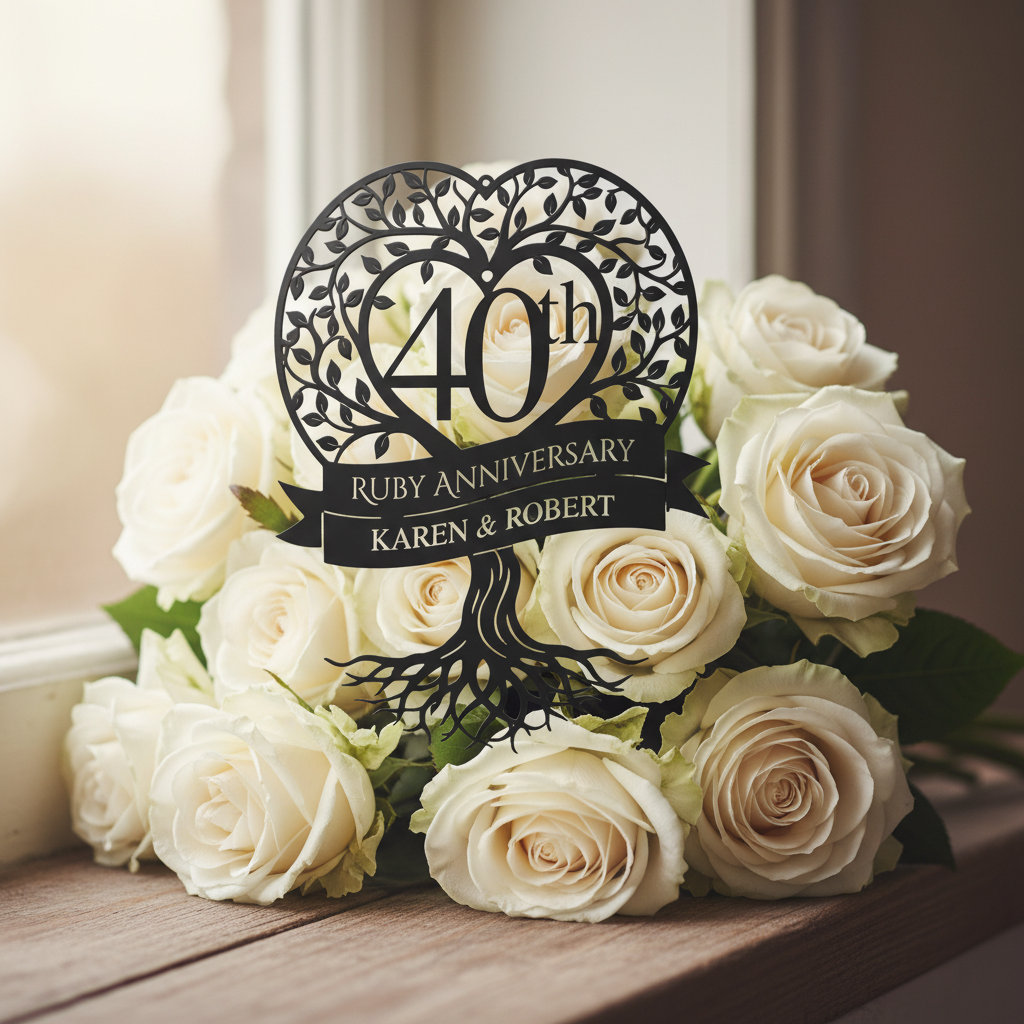 Personalisiertes Metallschild zur Rubinhochzeit mit Lebensbaum und Namen aus schwarzem Stahl – Bild 4