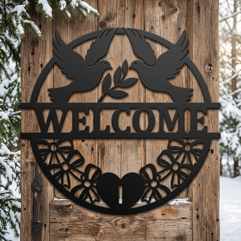 Round welcome sign with two doves and olive branch in black steel