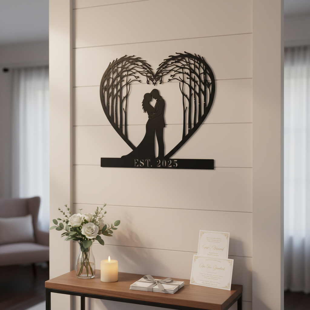 Personalized couple tree metal sign with heart, names and year in black steel – image 7