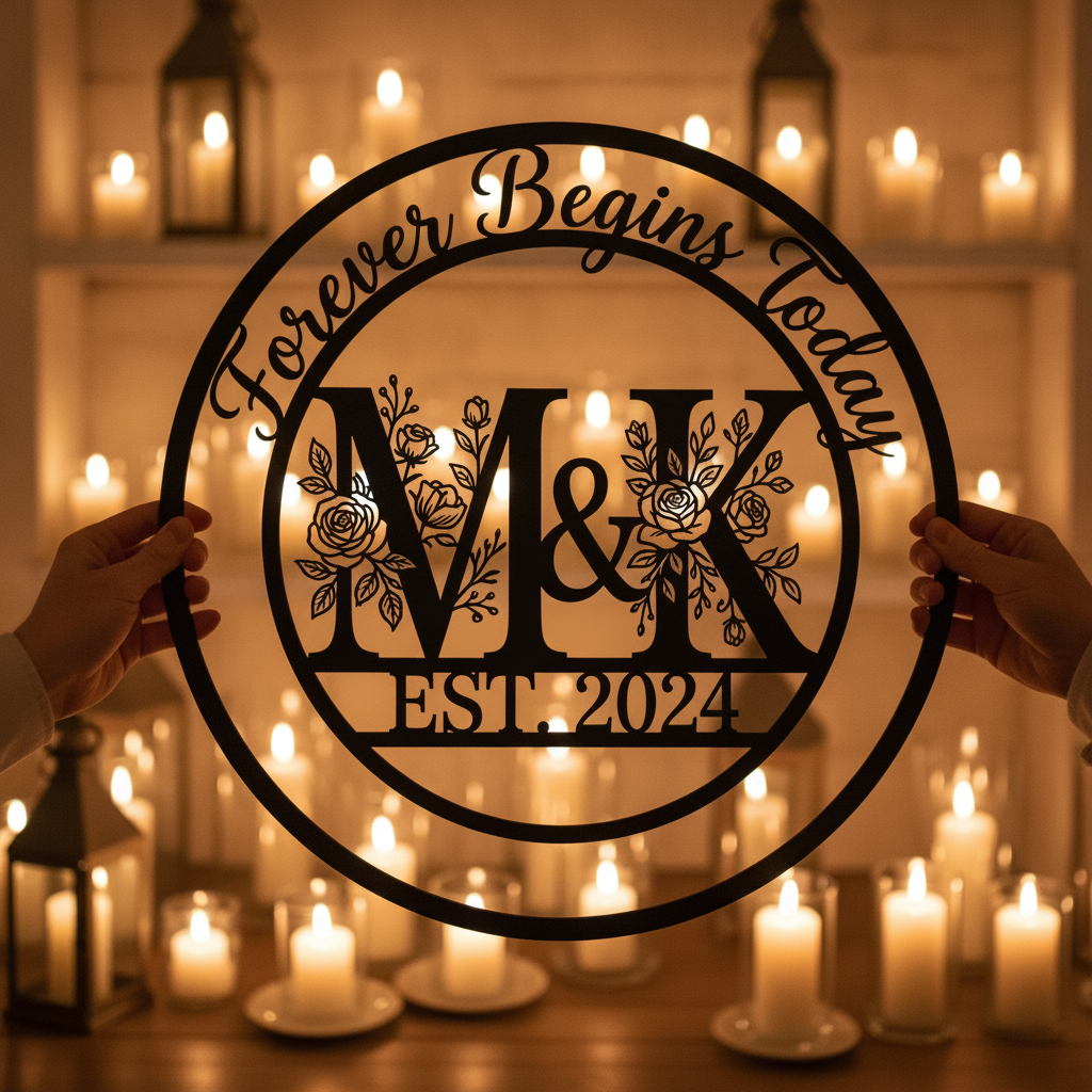 Personalisiertes Hochzeitsschild Forever Begins Today mit Monogramm, Namen und Datum – Bild 10