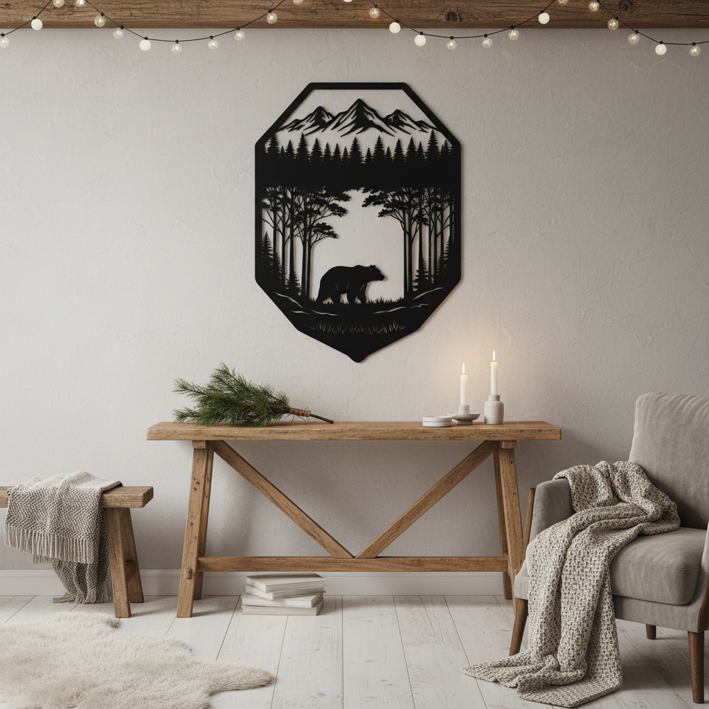 Bär mit Wald und Bergen auf Wappenschild Metall Wanddeko – Bild 2