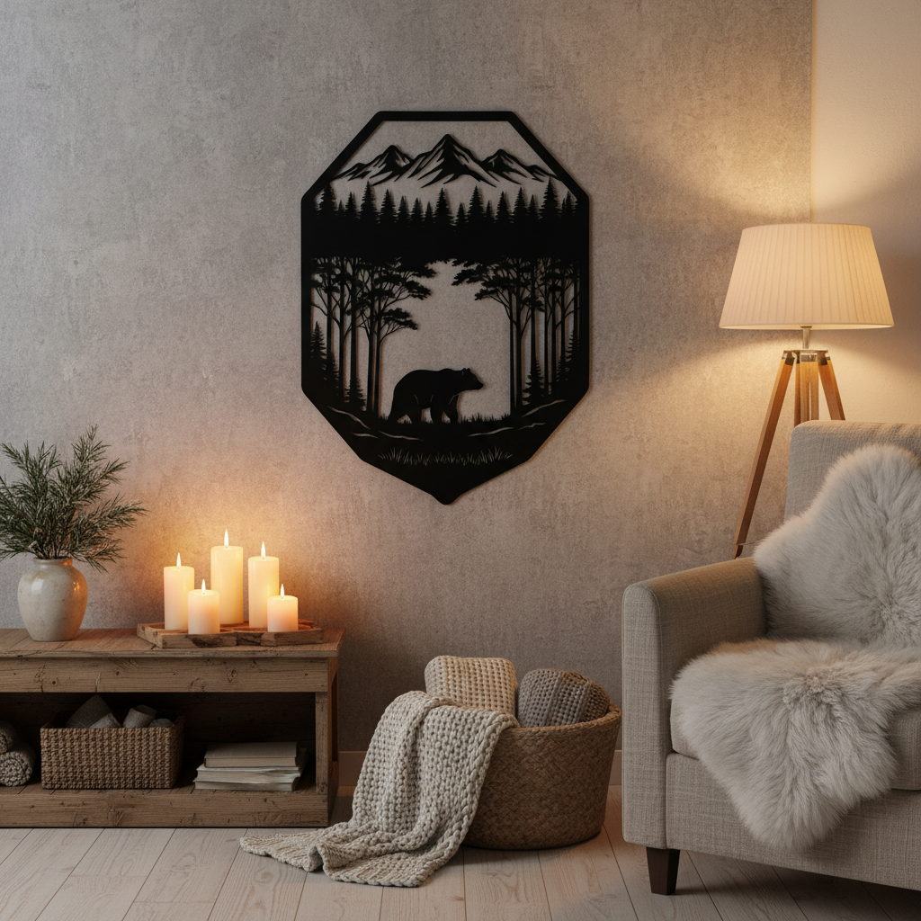 Bär mit Wald und Bergen auf Wappenschild Metall Wanddeko – Bild 3