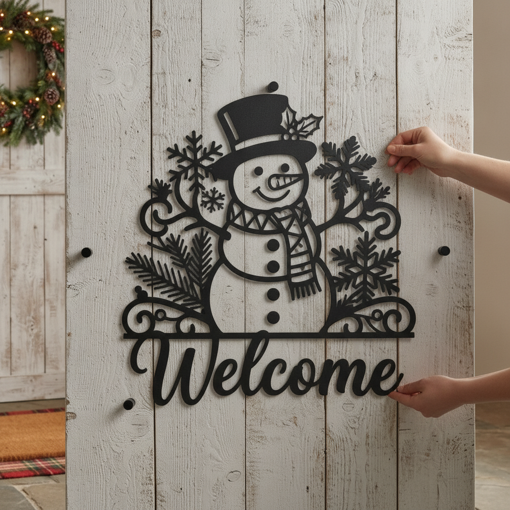 Schneemann mit Zylinder und Schneeflocken Willkommensschild – Bild 1