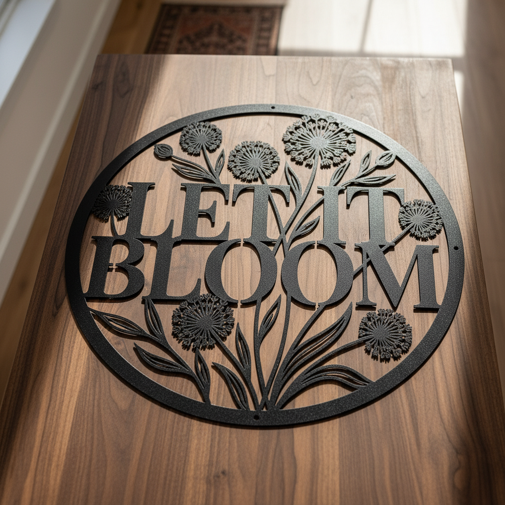 Personalized round dandelion metal sign with Let it Bloom and name in steel – image 9