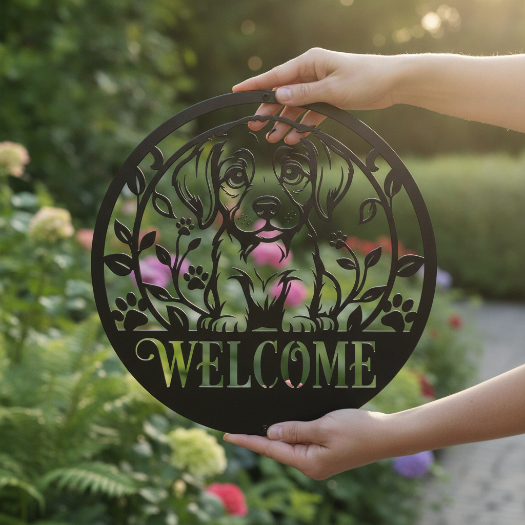 Round puppy welcome sign with paw prints in black steel – image 6