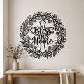 Rundes Haussegen-Metallschild „Bless this Home“ mit Kreuz und Blätterkranz aus schwarzem Stahl