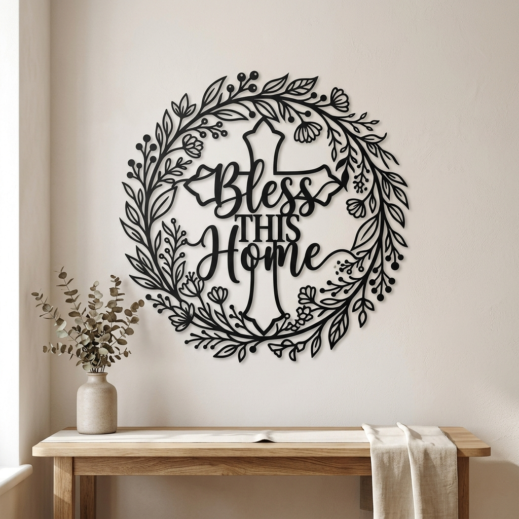 Bless this Home Kreuz mit Kranz Metallschild rund – Bild 1