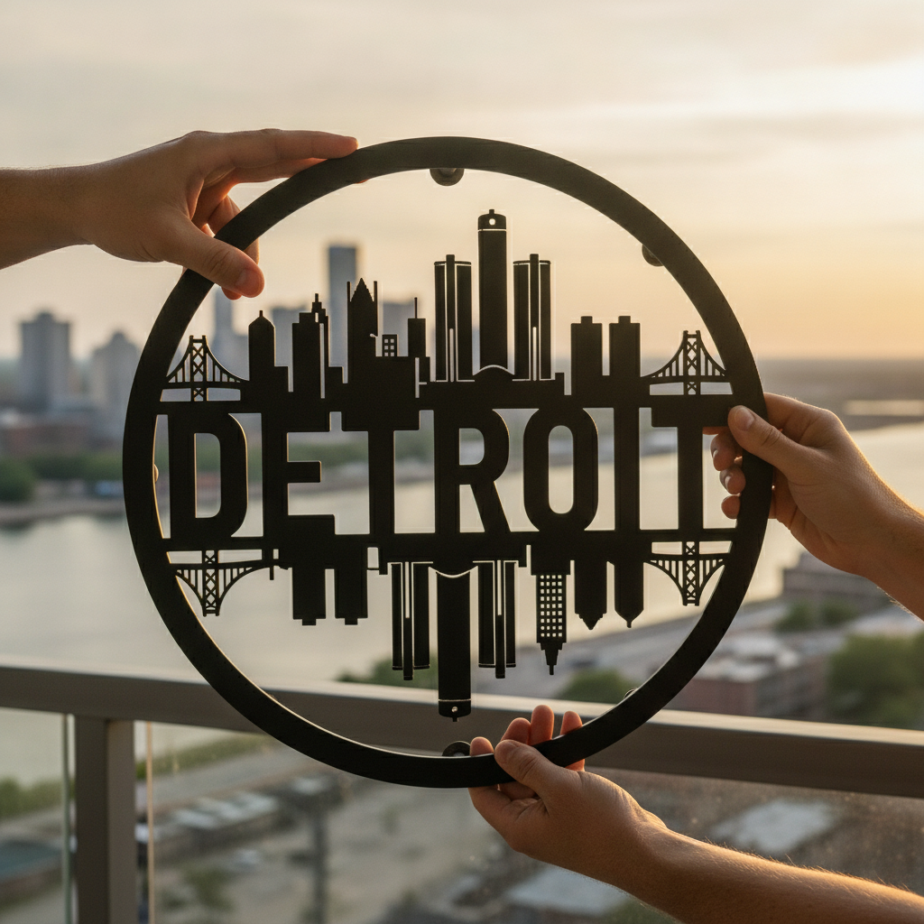 Round Detroit skyline metal wall art in black steel – image 7