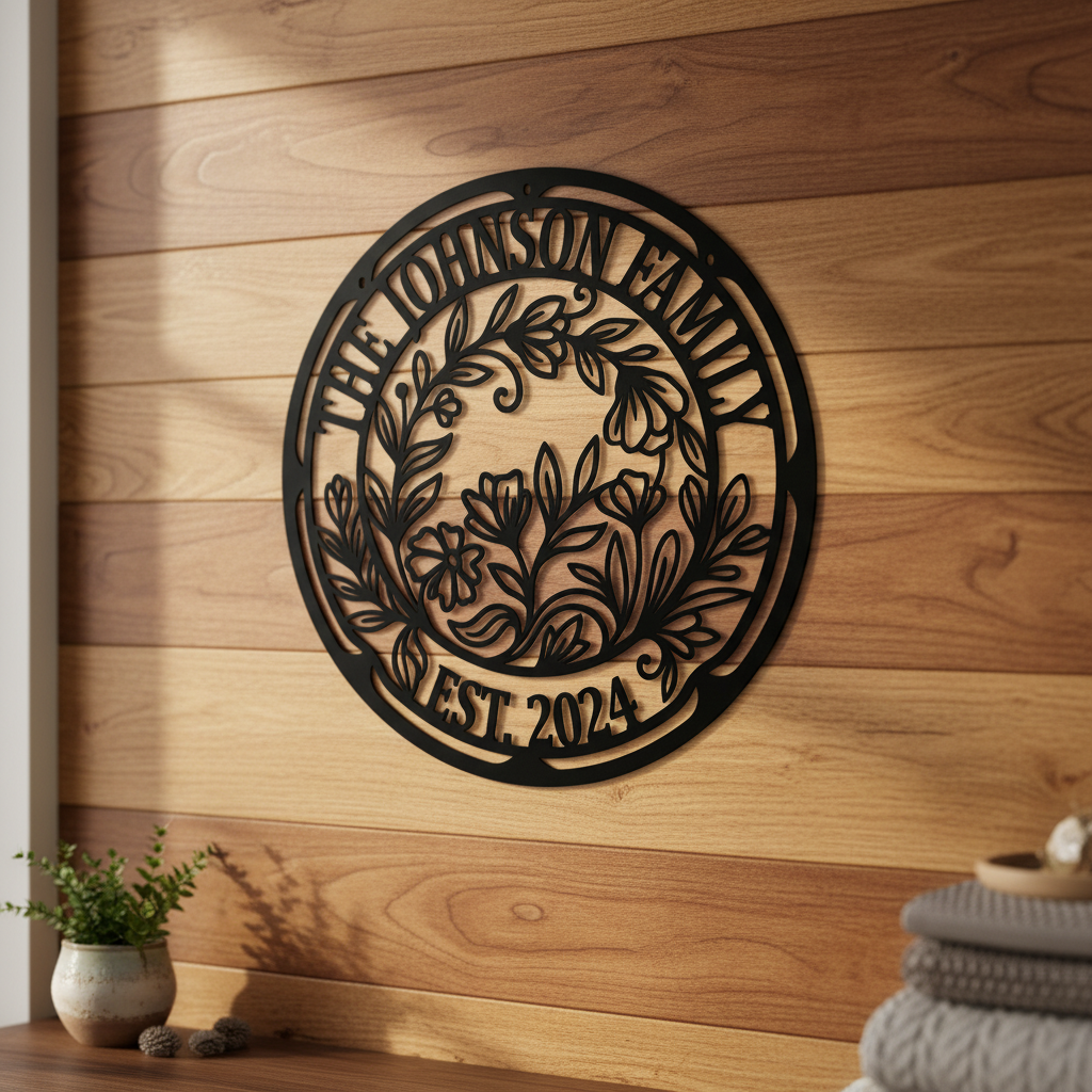 Personalisiertes rundes Familienschild mit Blumenkranz aus schwarzem Stahl – Bild 5