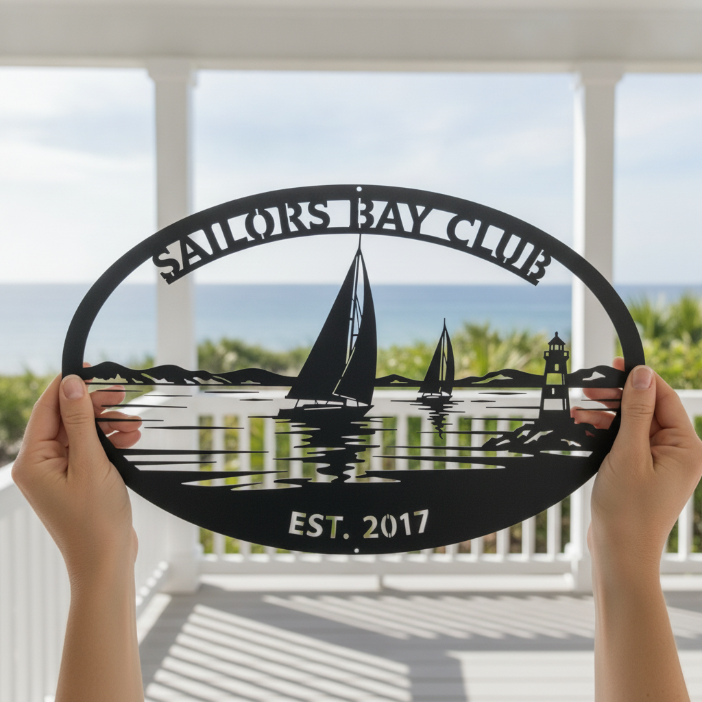 Personalized oval sailing club sign with sailboat and lighthouse in black steel – image 2