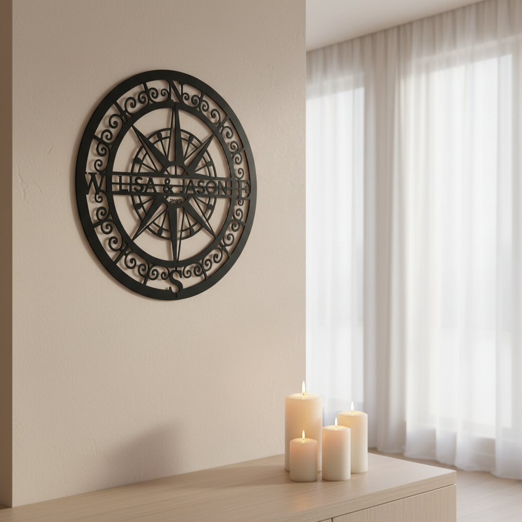 Personalisiertes rundes Kompassrose Metallschild für Paare mit Namen – Bild 9