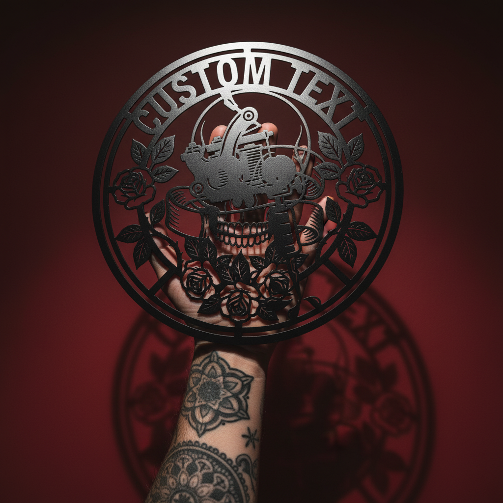 Personalisiertes Tattoostudio Metallschild rund mit Tattoomaschine, Totenkopf und Rosen – Bild 3