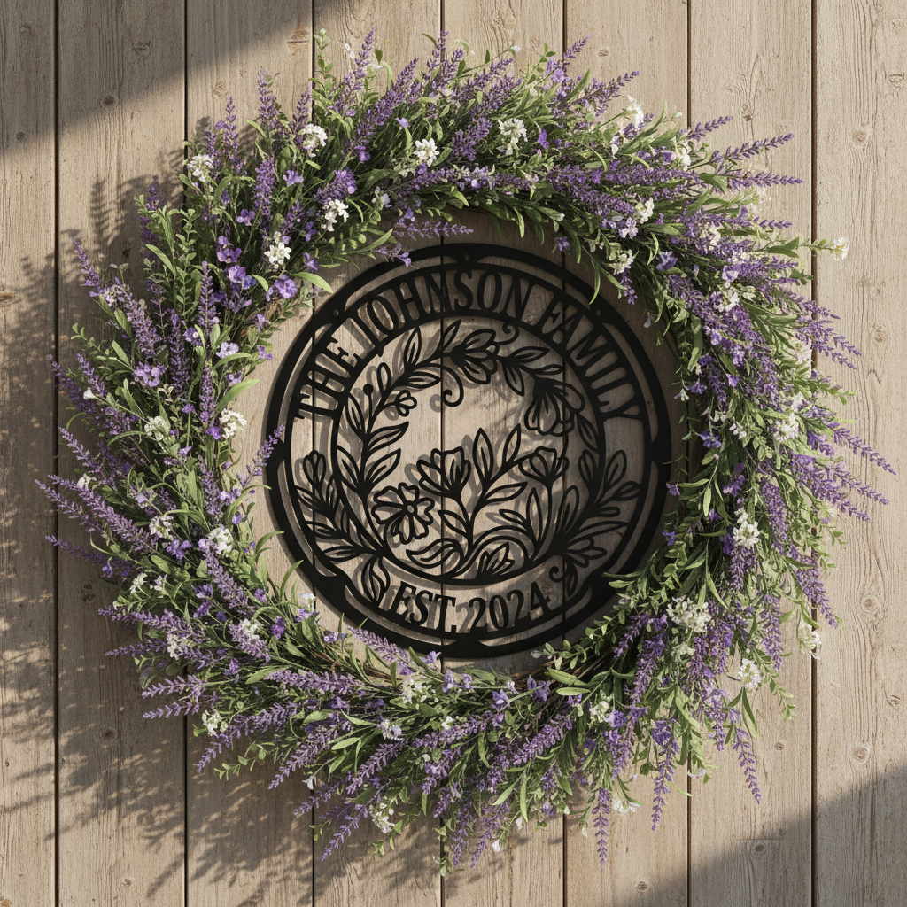 Personalisiertes rundes Familienschild mit Blumenkranz aus schwarzem Stahl – Bild 8