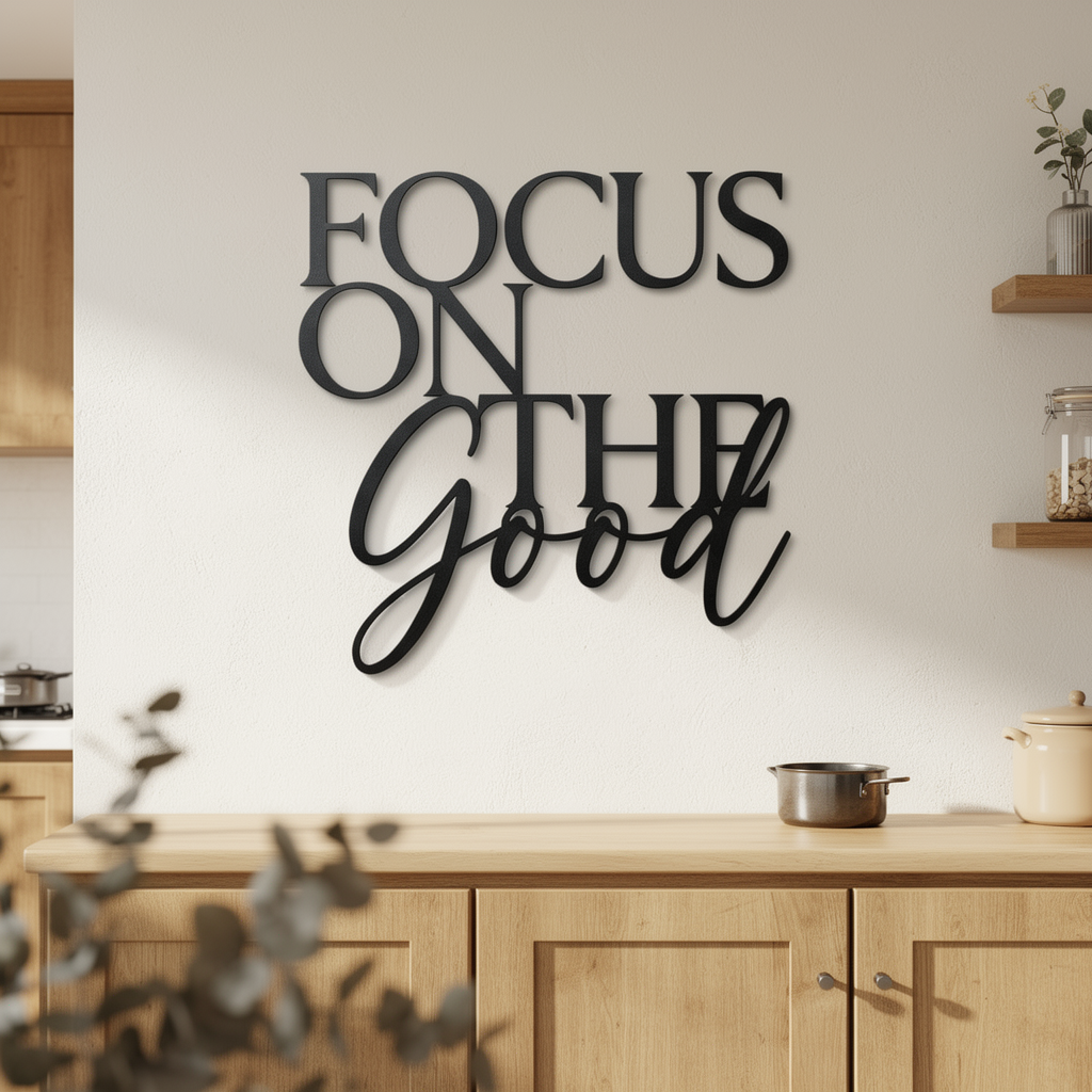 Focus on the good metal word sign in black steel as inspirational wall art
