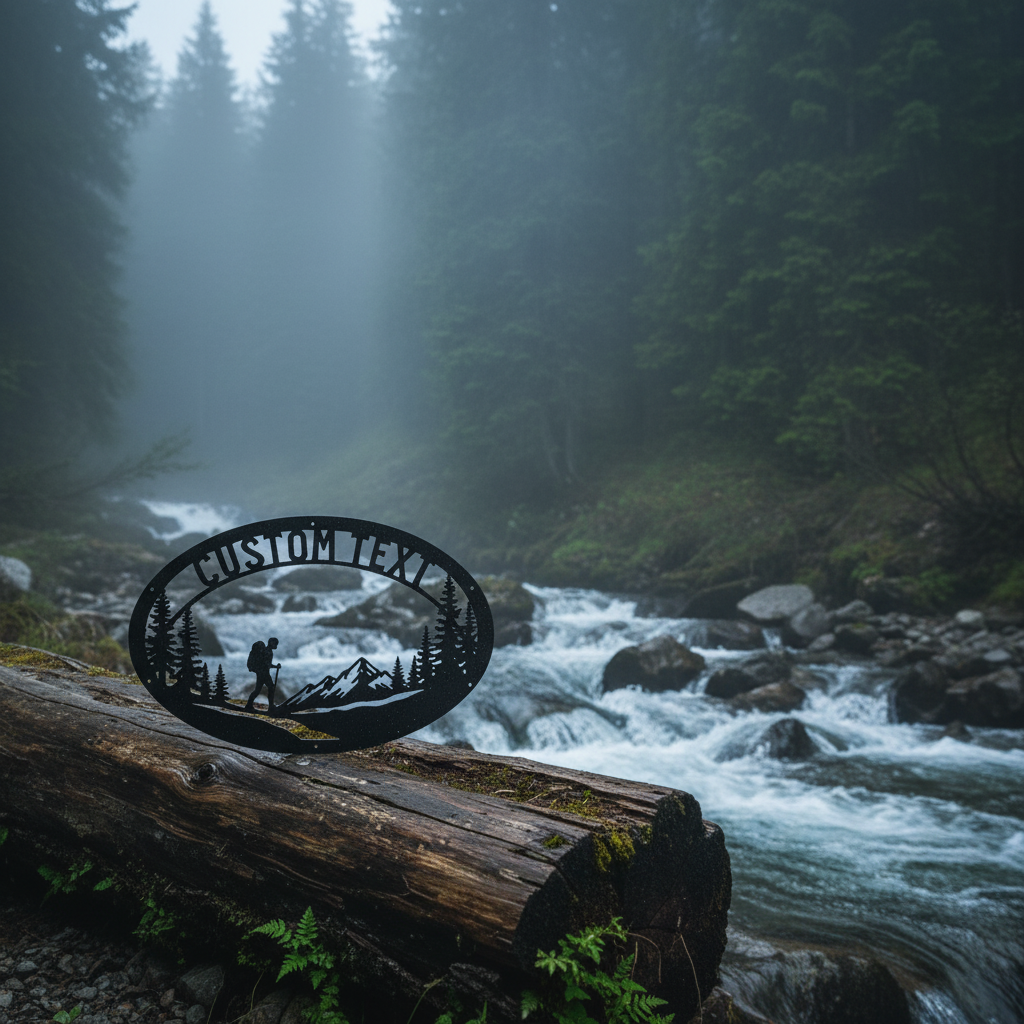 Personalized oval hiker metal sign with mountains and name in black steel – image 3