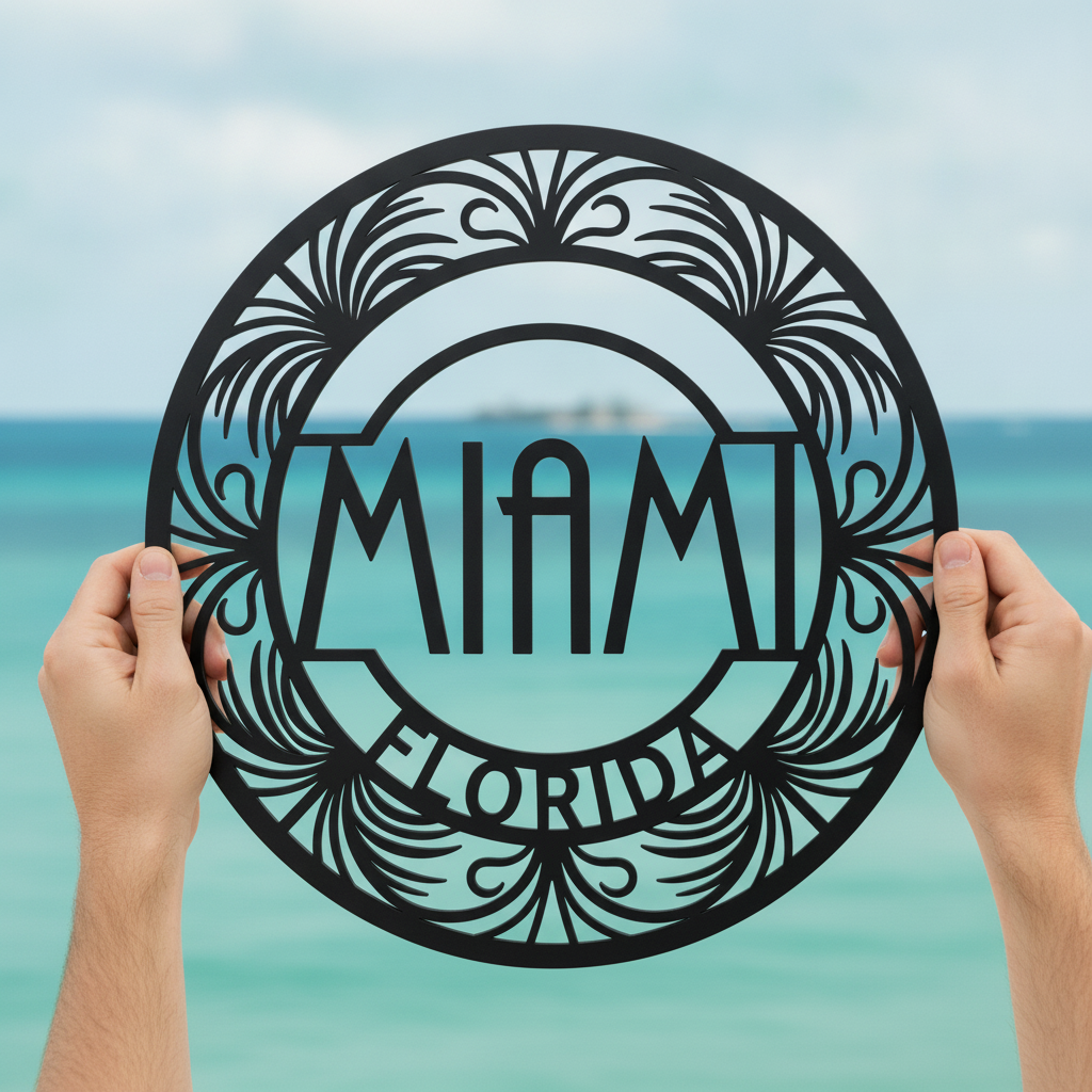 Round Miami metal sign with Art Deco buildings and palm trees in black steel – image 6
