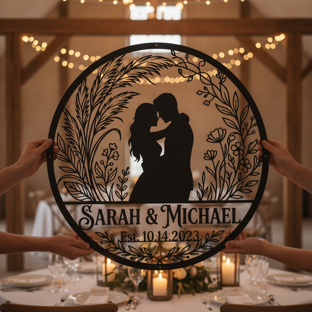 Personalisiertes Hochzeitspaar Metallschild Just Married mit Namen und Datum – Bild 3