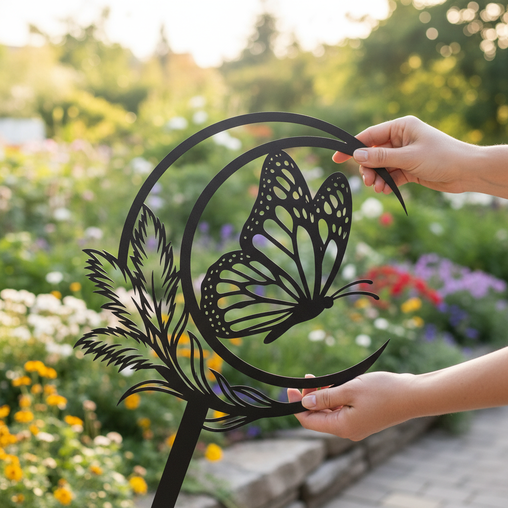 Butterfly with crescent moon and feather garden stake in black steel – image 6